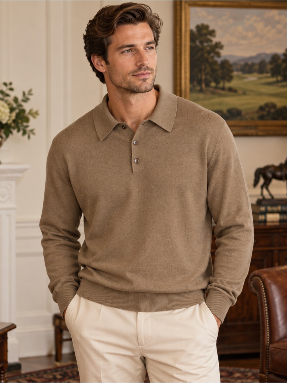 Tuscany Men’s Italian Merino Wool Polo Sweater Brown Size L